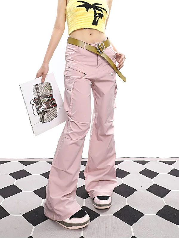Von Solid Color Vintage Diagonal Zipper Pleated Side Pockets Cargo Pants Relaxed Fit Trousers Von Solid Color Vintage Diagonal Zipper Pleated Side Pockets Cargo Pants Relaxed Fit Trousers
