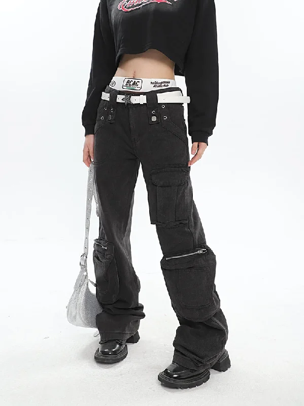 Justine Solid Color Black Straight Leg Multi-Pocket Multi-Zipper Cargo Pants Comfy Cargo Trousers Justine Solid Color Black Straight Leg Multi-Pocket Multi-Zipper Cargo Pants Comfy Cargo Trousers