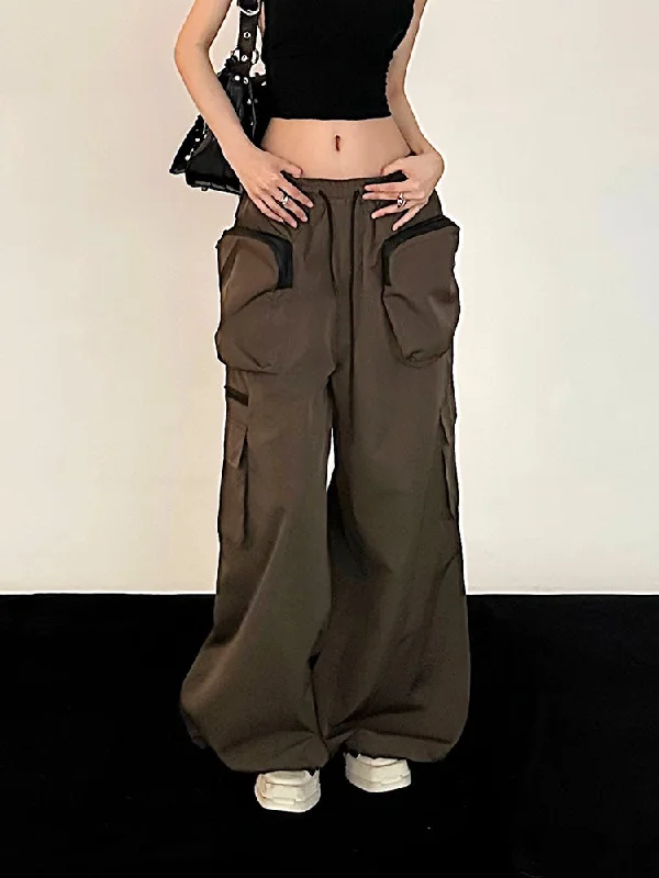 Keneth Solid Color Multi-Pocket High Waist Straight Wide Leg Parachute Cargo Pants Casual Yoga Pants