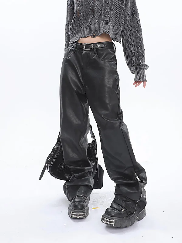 Shyann Solid Color Black Pu Leather Long Straight Leg Zip Up Pants Comfortable Fleece Pants Shyann Solid Color Black Pu Leather Long Straight Leg Zip Up Pants Comfortable Fleece Pants