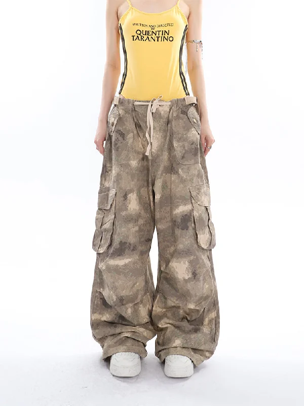 Alexis Brown Green Acid Wash Vintage Camouflage High Waist Straight Wide Leg Multi-Pocket Cargo Pleated Pants Fashionable Button-Up Pants Alexis Brown Green Acid Wash Vintage Camouflage High Waist Straight Wide Leg Multi-Pocket Cargo Pleated Pants Fashionable Button-Up Pants