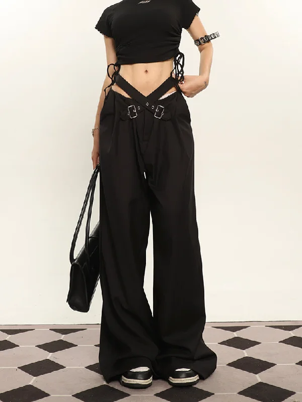 Lena Solid Color Brown Cross Belt Wide Leg High Waist Suit Pants Formal Linen Trousers Lena Solid Color Brown Cross Belt Wide Leg High Waist Suit Pants Formal Linen Trousers