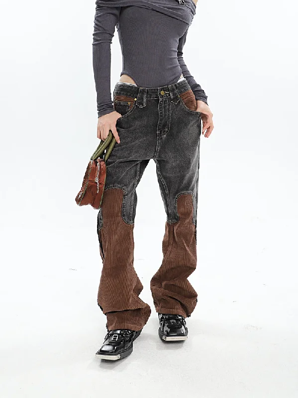 Ashly Patchwork Grey Brown High Waisted Denim Corduroy Pants Comfortable Denim Leggings Ashly Patchwork Grey Brown High Waisted Denim Corduroy Pants Comfortable Denim Leggings
