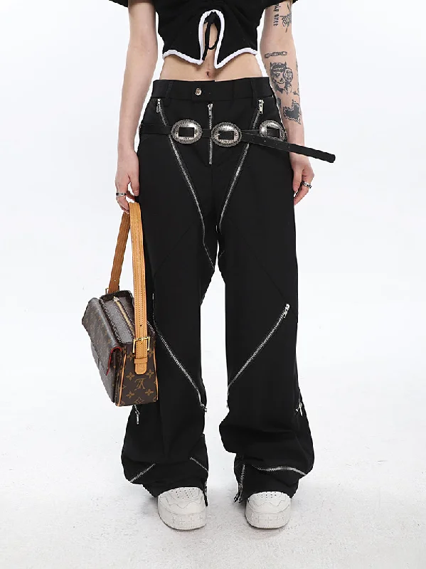 Rachelle Silver Multi-zipper Design Solid Color High Waist Straight Leg Loose Baggy Suit Pants Classic Chino Pants Rachelle Silver Multi-zipper Design Solid Color High Waist Straight Leg Loose Baggy Suit Pants Classic Chino Pants