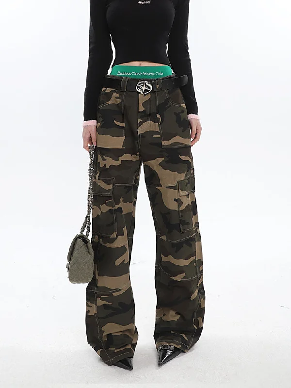 Alissa Army Green Camouflage Straight Leg High Waist Cargo Pants Fashionable Button-Up Pants Alissa Army Green Camouflage Straight Leg High Waist Cargo Pants Fashionable Button-Up Pants