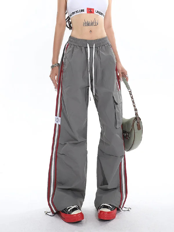 Polly Solid Color White & Red Side Striped Retro High Waist Straight Leg Baggy Cargo Pants Comfortable Fleece Pants Polly Solid Color White & Red Side Striped Retro High Waist Straight Leg Baggy Cargo Pants Comfortable Fleece Pants