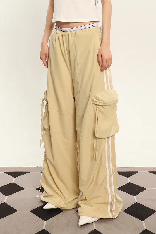 Tania Solid Color White Side Stripes Multi-Pocket High Waist Straight Wide Leg Baggy Cargo Pants Cozy Jogger Leggings Tania Solid Color White Side Stripes Multi-Pocket High Waist Straight Wide Leg Baggy Cargo Pants Cozy Jogger Leggings