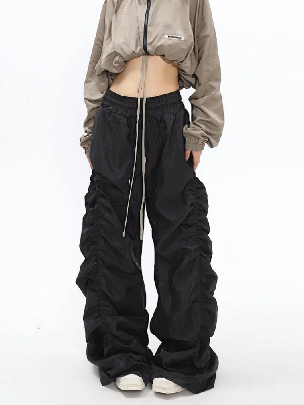 Adeline Solid Color Black Ruched Parachute Baggy Long Pants Classic Straight Pants