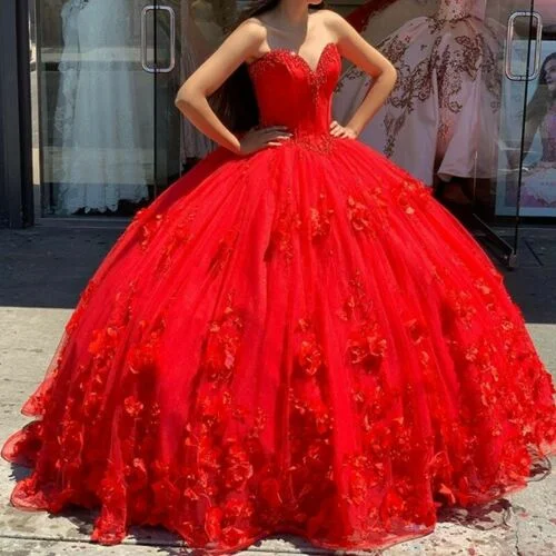 Red Quinceanera Dresses 3D Flowers Princess Corset Back Princess Prom Sweet 16 c2938