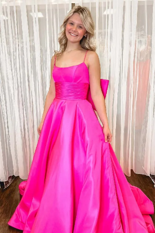 Hot Pink Spaghetti Straps A-Line Satin Long Prom Dress with Big Bow