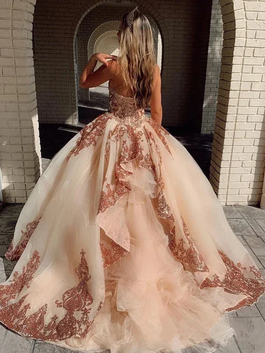 Rose Gold Sequins Ball Gown Sweetheart Strapless Quinceanera Dresses with Beads cc427