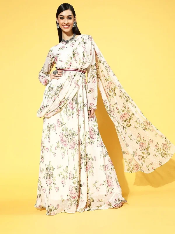 White Polyester Designer Floral Dresses