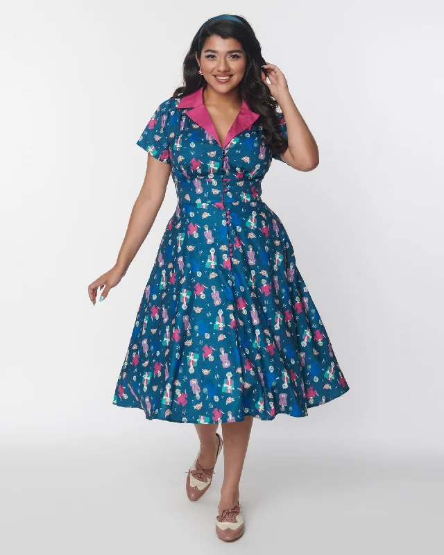 The Golden Girls x Unique Vintage Teal & Pink All Over Print Swing Dress | Teal & Pink Golden Girls Print