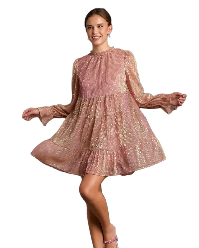 Metallic Pleats Shimmer Tiered Dress | Pink