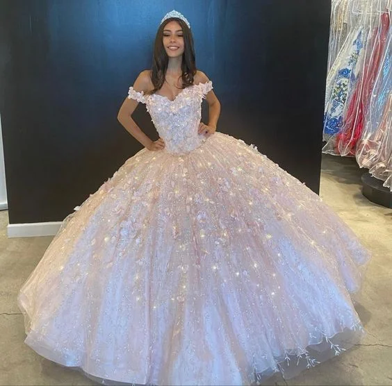 Off The Shoulder Pink Ball Gown Sweet 16 Dress  cc410