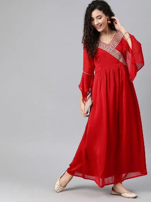 Red Georgette Stylized Sleeve Dress