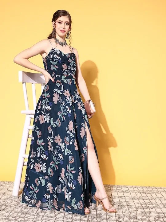 Women Navy Blue Floral Peekaboo Bottom Dress