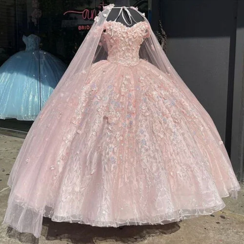 Pink Quinceanera Dresses 3D Flowers Off The Shoulder Sweet 15 Prom Ball Gowns c3159