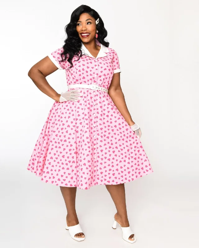 Unique Vintage Hot Pink Heart Alexis Swing Dress | Hot Pink Heart