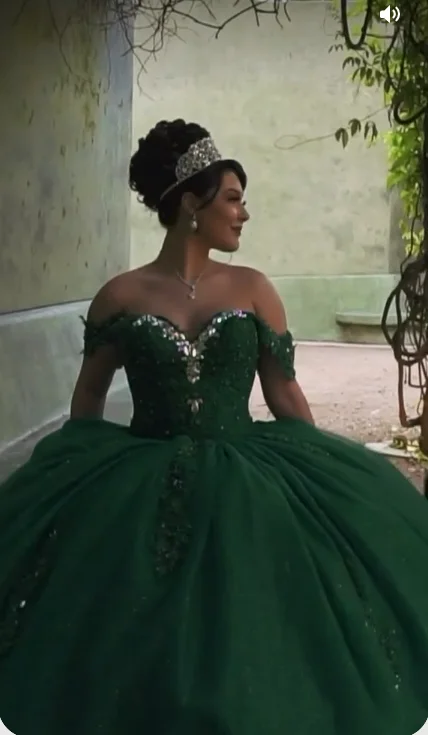 Green Off the Shoulder Quinceañera Dress Sweet 16 Dress Lace-up Ball Gown c3467