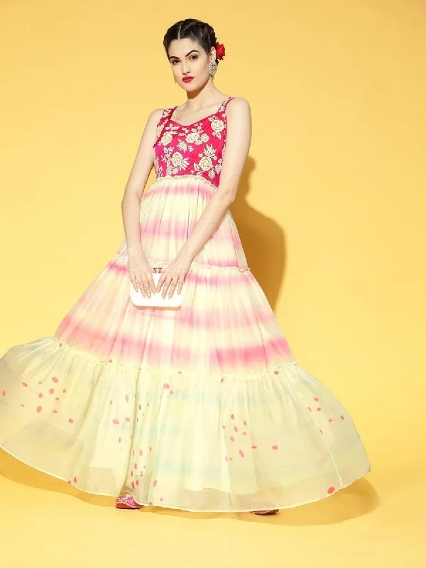 Pink Embroidered Tie and Dye Teirred Dress