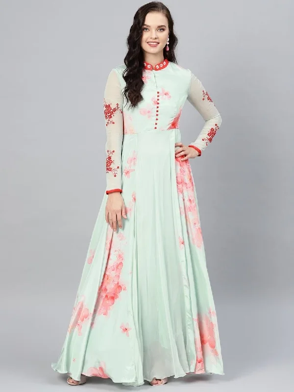 Sea Green Crepe and Georgette Partywear Dress