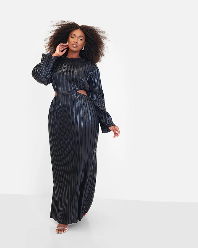 Octavia Metallic Plisse Open Back Maxi Shift Dress - Black | black