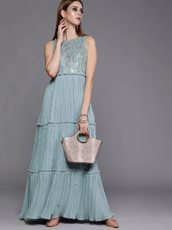 Women Blue Embellished Fit and Flare Tiered Dress