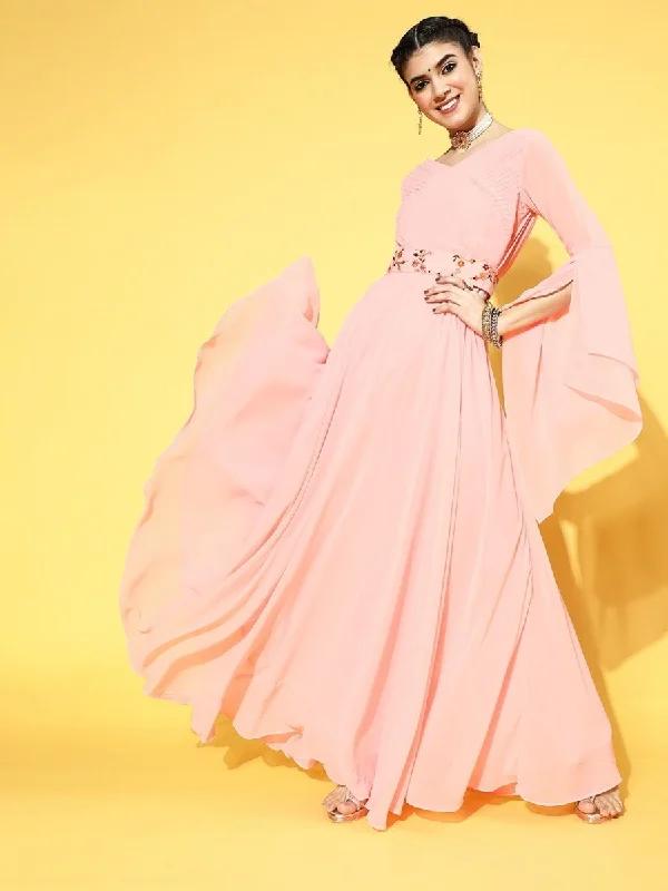 Pink Georgette Partywear Solid Dresses