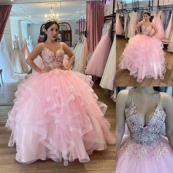 Straps Pink Quinceanera Dress with Ruffles, Ball Gown C1434