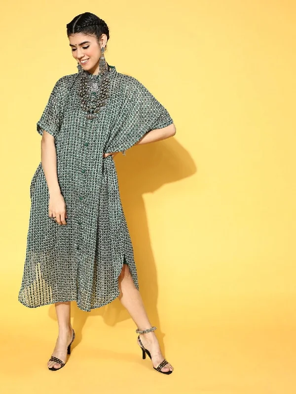 Green Polyester Partywear Geometric Dresses