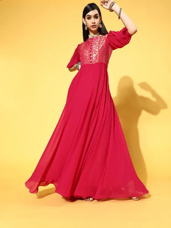 Magenta Georgette Partywear Ethnic Motifs Dresses