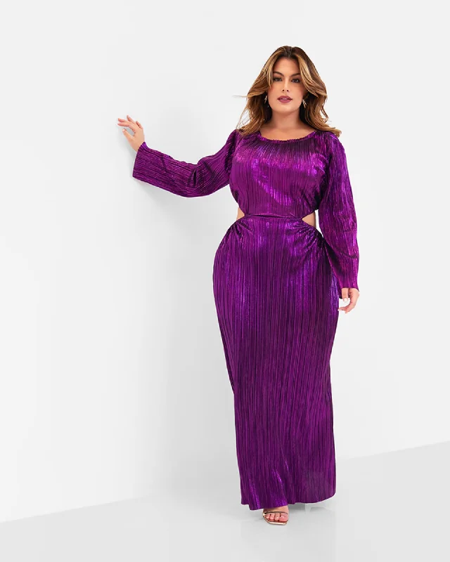 Octavia Metallic Plisse Open Back Maxi Shift Dress - Eggplant | purple
