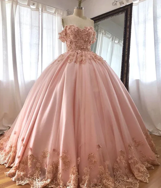 Pink Embroidered Lace Quinceanera Dresses Ball Gowns c2757