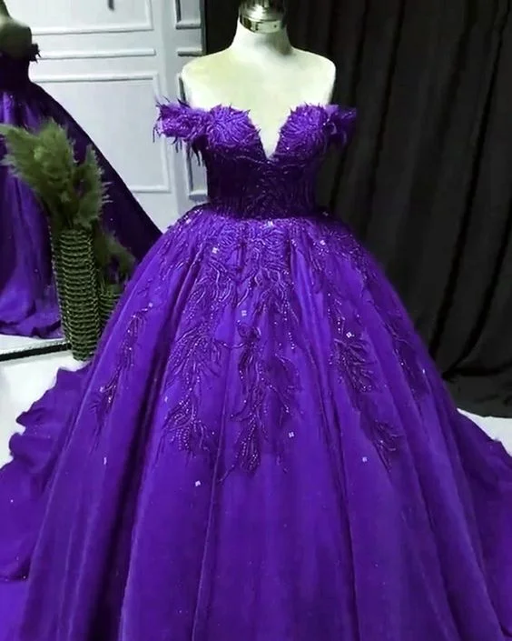 Elegant purple ball gown quinceanera dresses lace beaded off the shoulder for sweet 16 party C1604