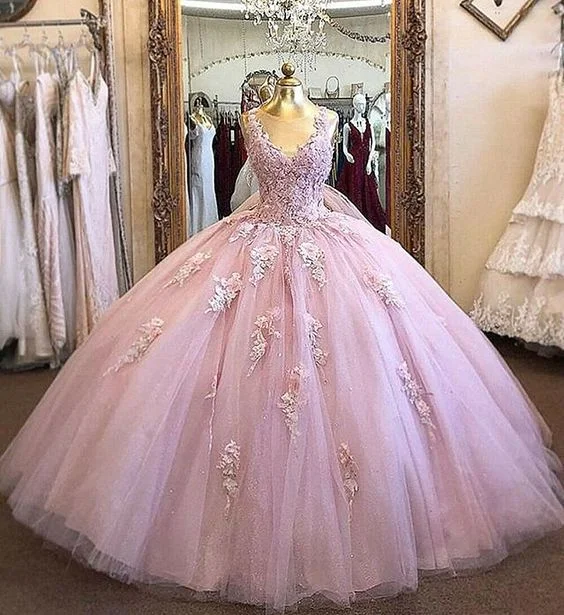 Pink Lace Quinceanera Dresses Sleeveless Sweet 16 Floral Applique Prom Ball Gown C1602