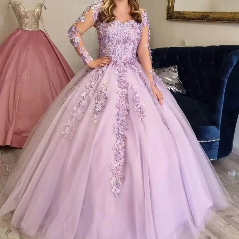 Lilac Ball Gown 3D Floral Lace Applique Long Sleeve Special Occasion Dress Sweet 16 Dress cc43