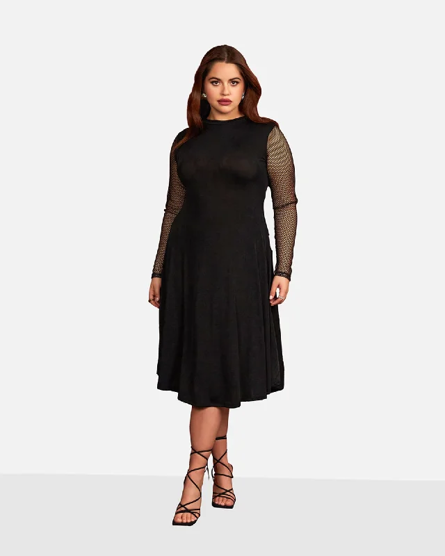 Delphine Mesh Sleeve Midi A Line Dress | Black