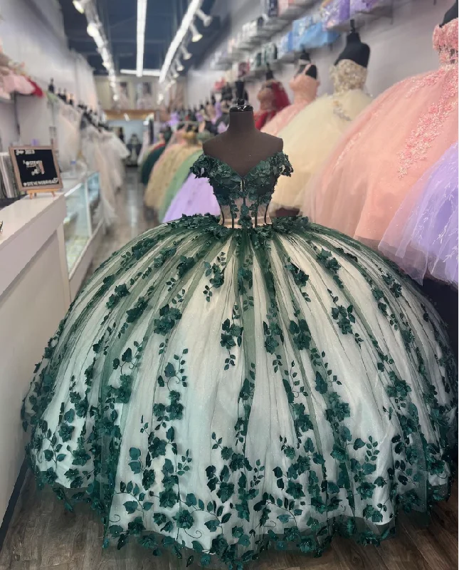 Dark Green Off Shoulder Quncenera Dress Appliques Sweet 16 Ball Gown, DP3348