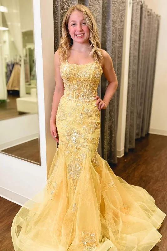Yellow Mermaid Straps Appliques Sleeveless Prom Dress with Train