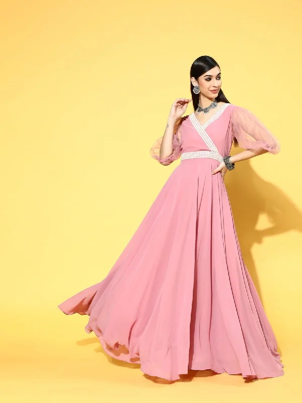 Pink Georgette Partywear Self Design Dresses