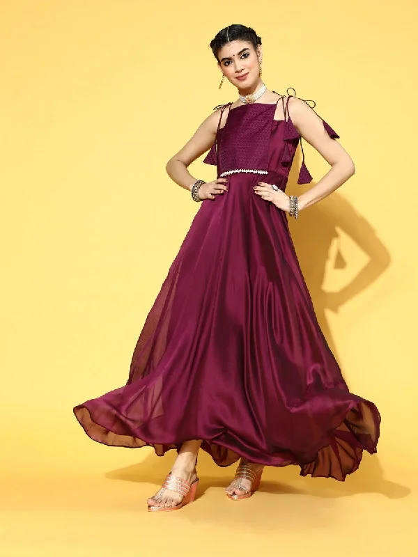 Mauve Poly Silk Partywear Self Design Dresses