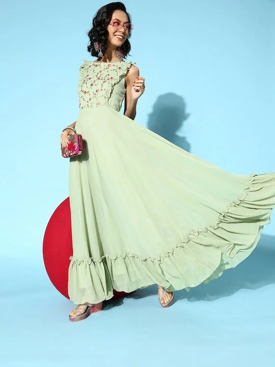 Women Stylish Green Ethnic Motifs Ethereal Embroidery Dress