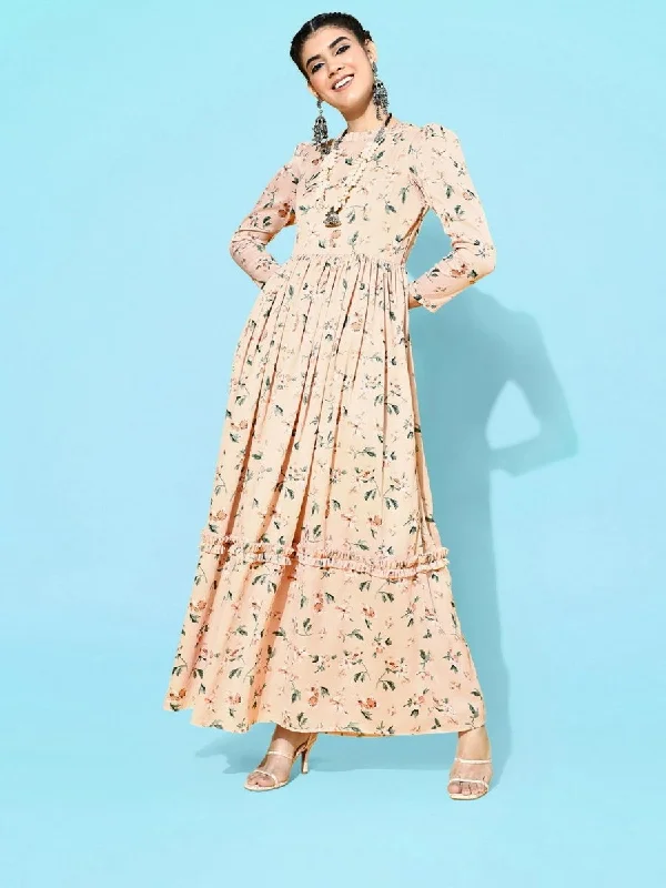 Peach Polyester Partywear Floral Dresses