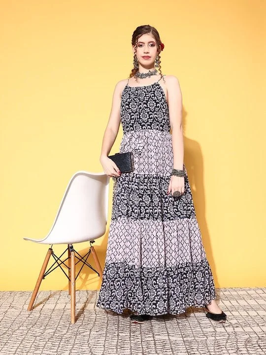 Women Black Floral Swirling Volume Dress