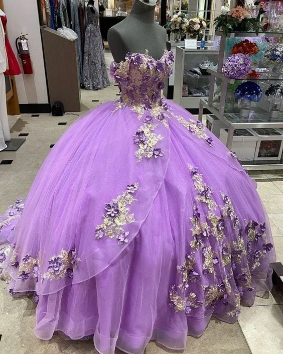 Lilac Puffy Ball Gown Quinceanera Dresses Off The Shoulder Champagne Applique Pearls 3D Flowers Sweet 16 Girls cc589