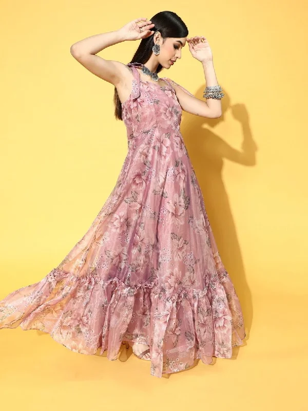 Pink Nylon Partywear Floral Dresses