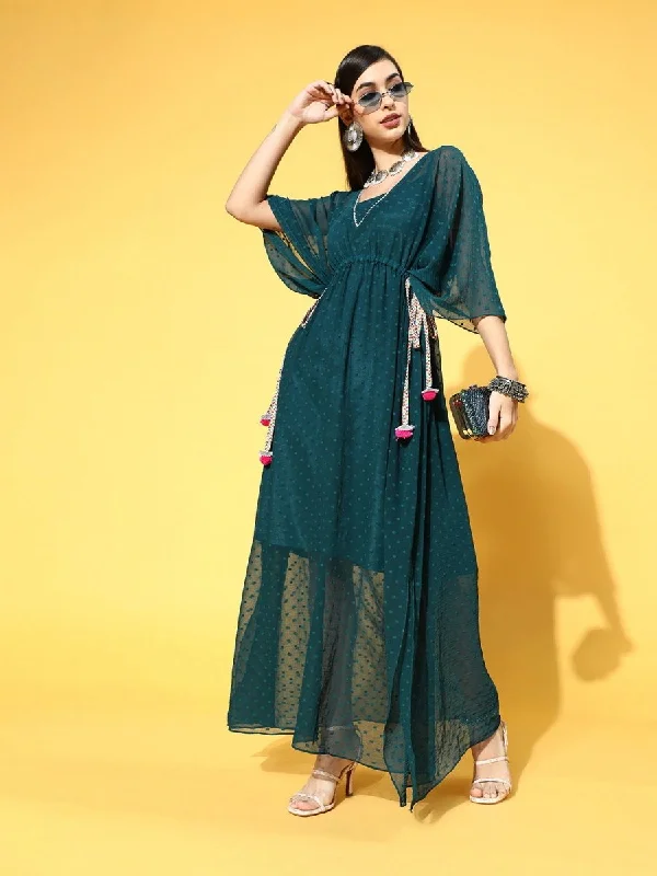 Teal Polyester Partywear Self Design Dresses