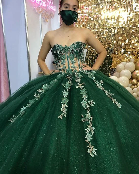 Green Ball Gown With Appliques Sweet 16 Dress Long Court Train c2559