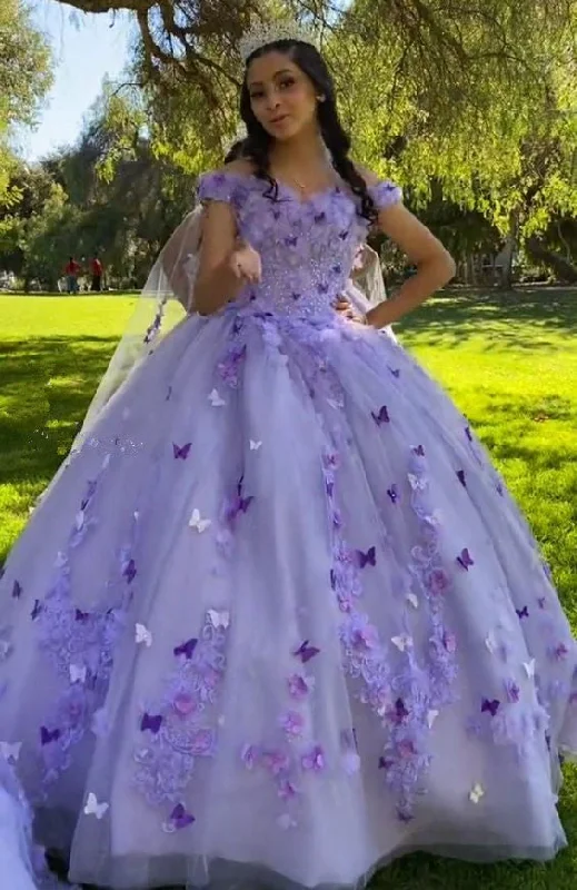 Off the Shoulder Quinceanera Dress Sweet 16 Dress Appliques and 3D Butterflies Ball Gown  c3097